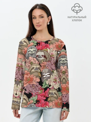 Лонгслив женский. Хлопок / Ленивец & Цветочки