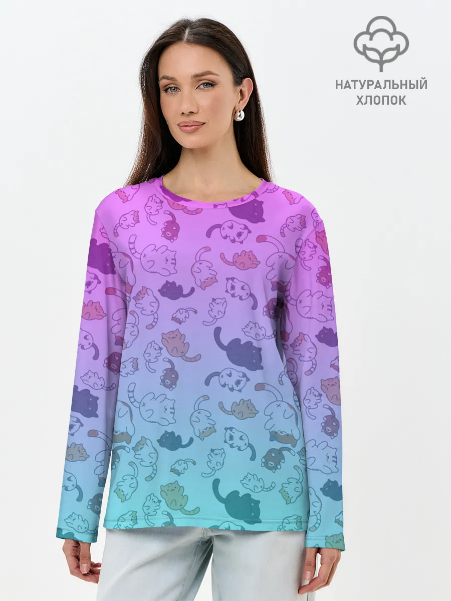 Лонгслив женский. Хлопок / Котики в полете