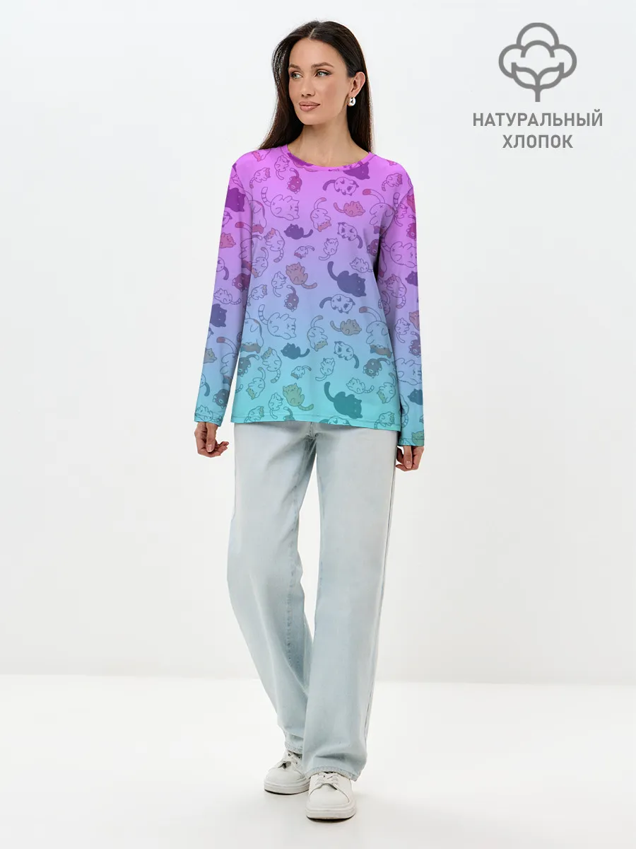 Лонгслив женский. Хлопок / Котики в полете