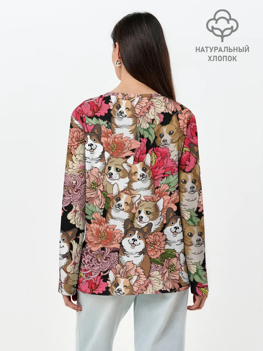 Лонгслив женский. Хлопок / Корги & Цветы