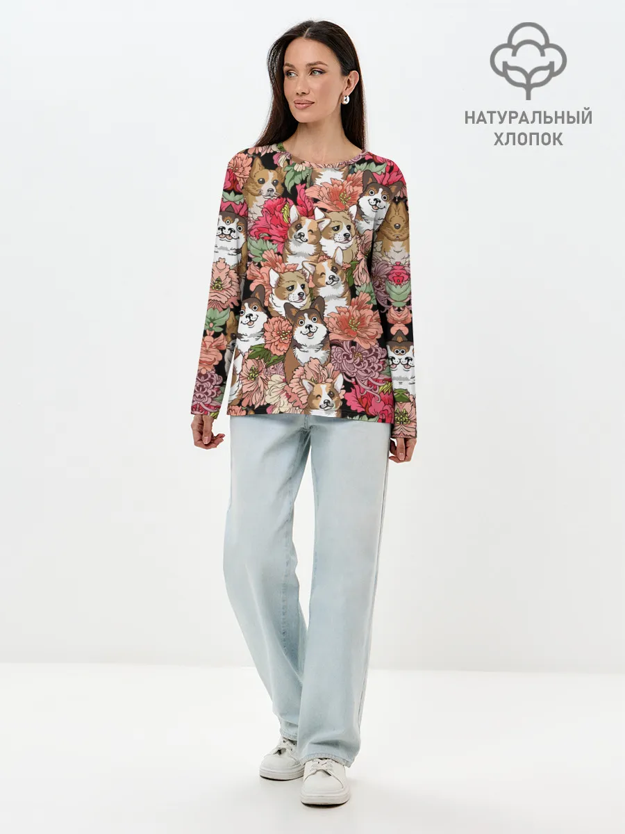 Лонгслив женский. Хлопок / Корги & Цветы