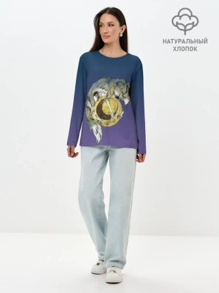 Лонгслив женский. Хлопок / волченок на луне рисунок