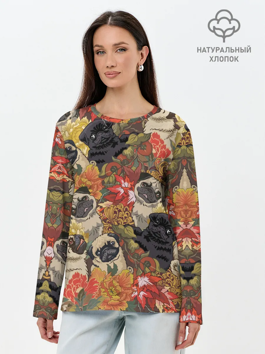 Лонгслив женский. Хлопок / Мопсики | Цветочки