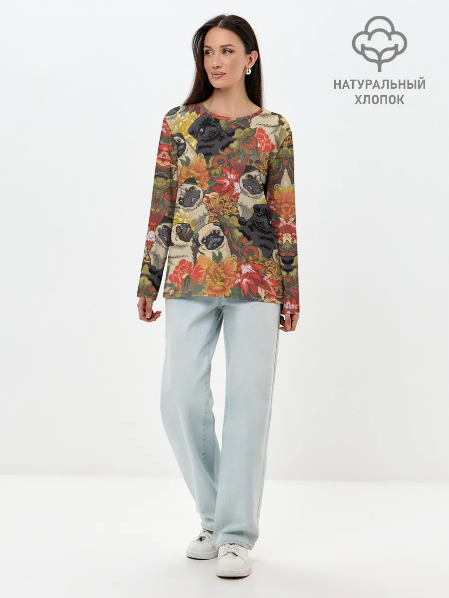 Лонгслив женский. Хлопок / Мопсики | Цветочки