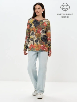 Лонгслив женский. Хлопок / Мопсики | Цветочки