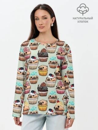 Лонгслив женский. Хлопок / Мопсы - Кексики