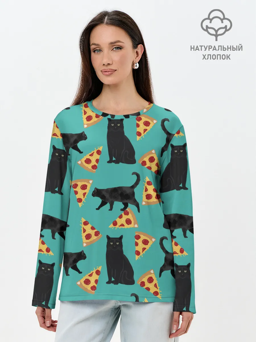 Лонгслив женский. Хлопок / Котики и Пиццы