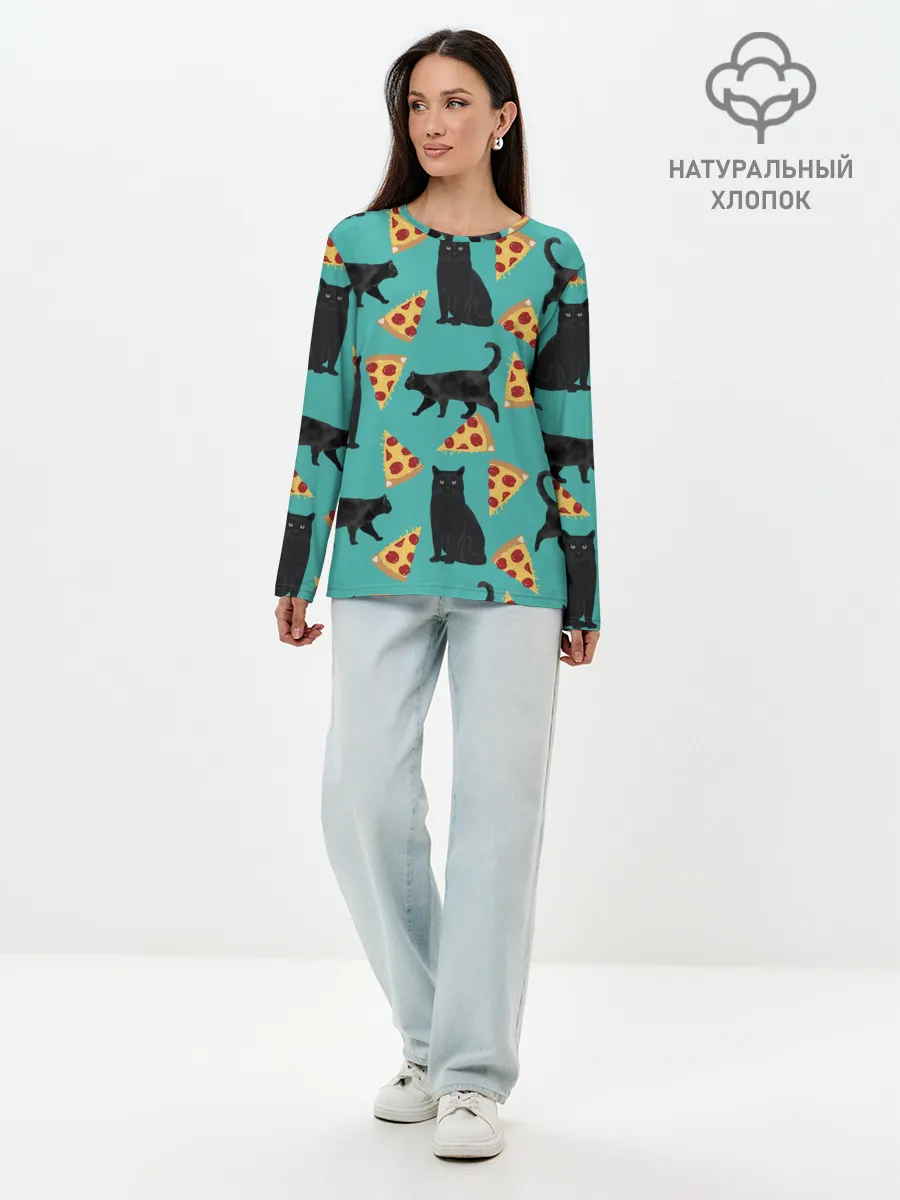 Лонгслив женский. Хлопок / Котики и Пиццы