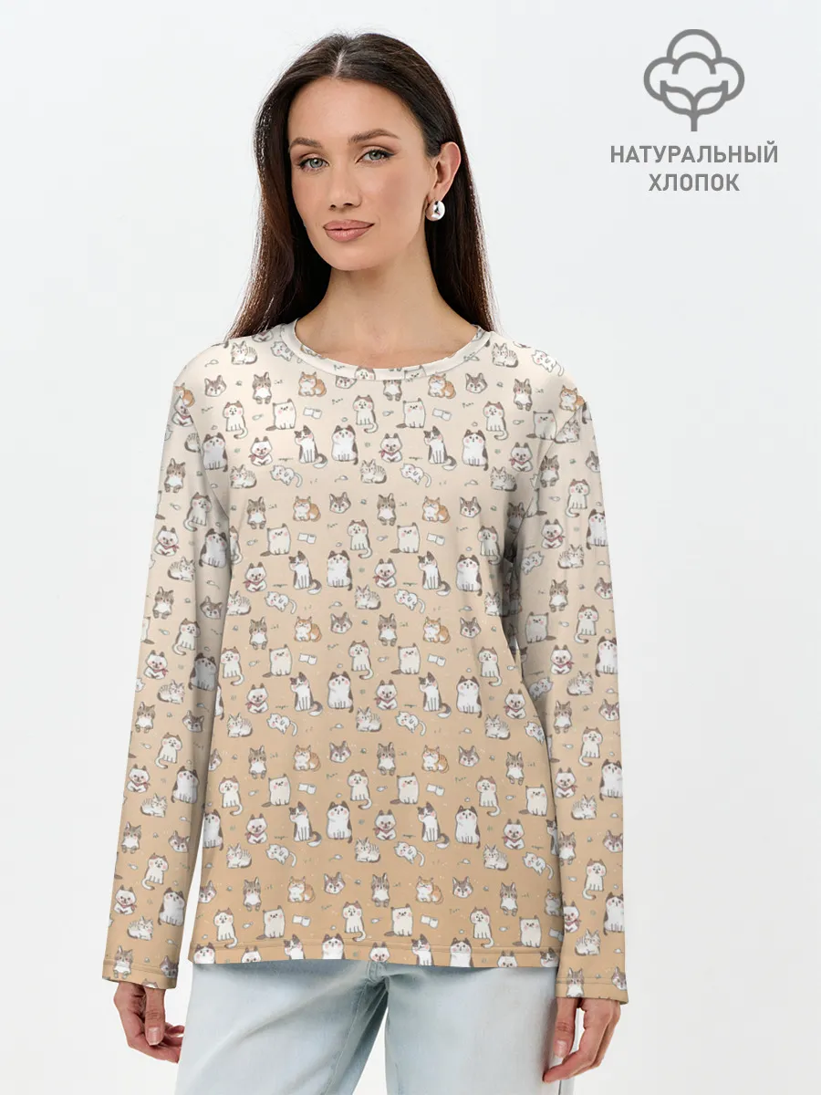 Лонгслив женский. Хлопок / много котиков узор