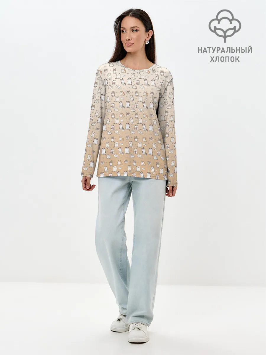 Лонгслив женский. Хлопок / много котиков узор