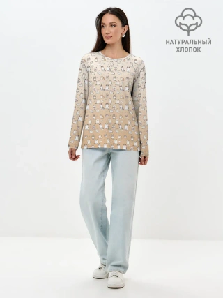 Лонгслив женский. Хлопок / много котиков узор