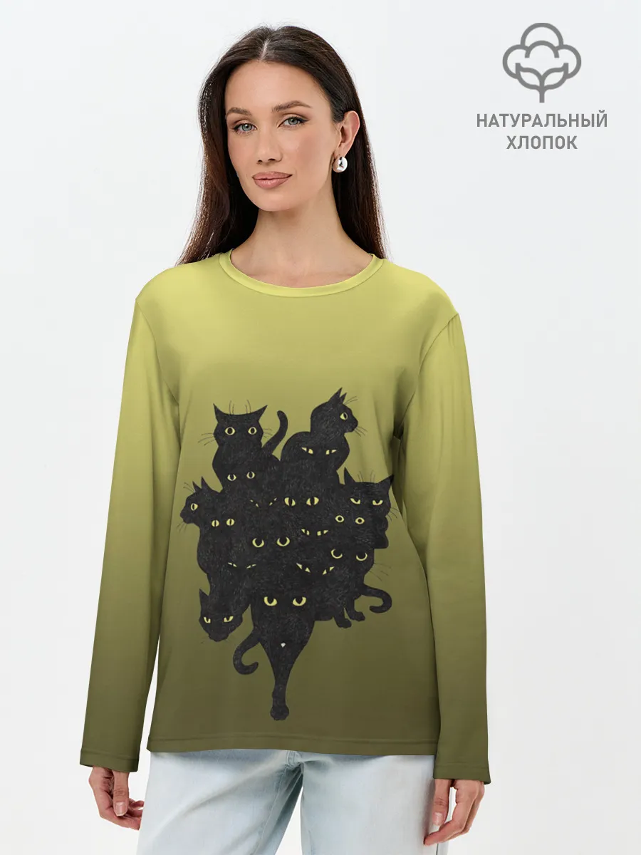 Лонгслив женский. Хлопок / много черных котов