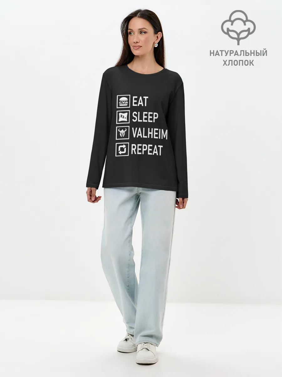 Лонгслив женский. Хлопок / Eat/Sleep/Valheim/Repeat