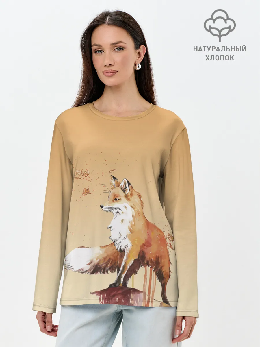 Лонгслив женский. Хлопок / акварельная лиса задумчивости