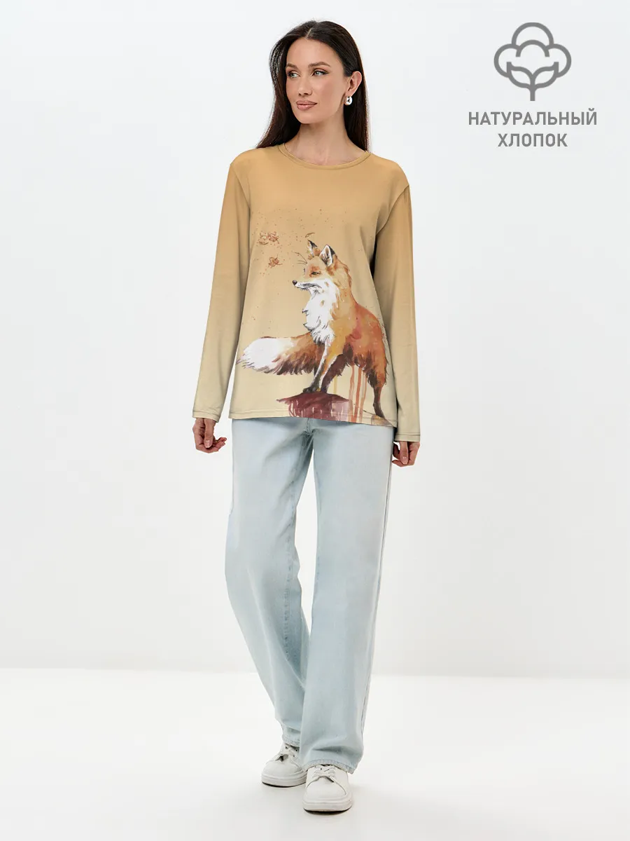 Лонгслив женский. Хлопок / акварельная лиса задумчивости