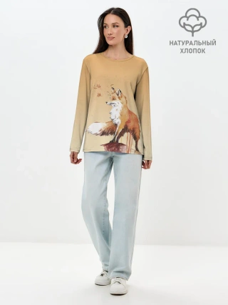 Лонгслив женский. Хлопок / акварельная лиса задумчивости