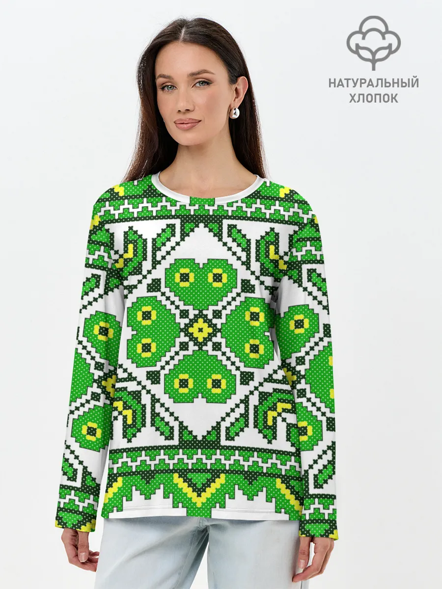 Лонгслив женский. Хлопок / Славянский Узор Зеленый
