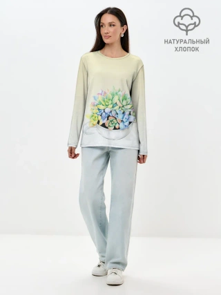 Лонгслив женский. Хлопок / Чашка с суккулентами