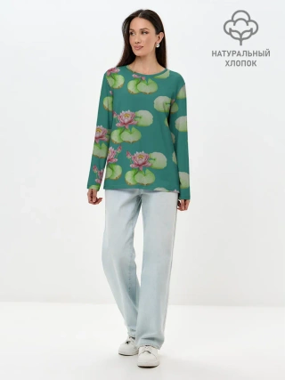 Лонгслив женский. Хлопок / Лотосы на темно бирюзовом фоне