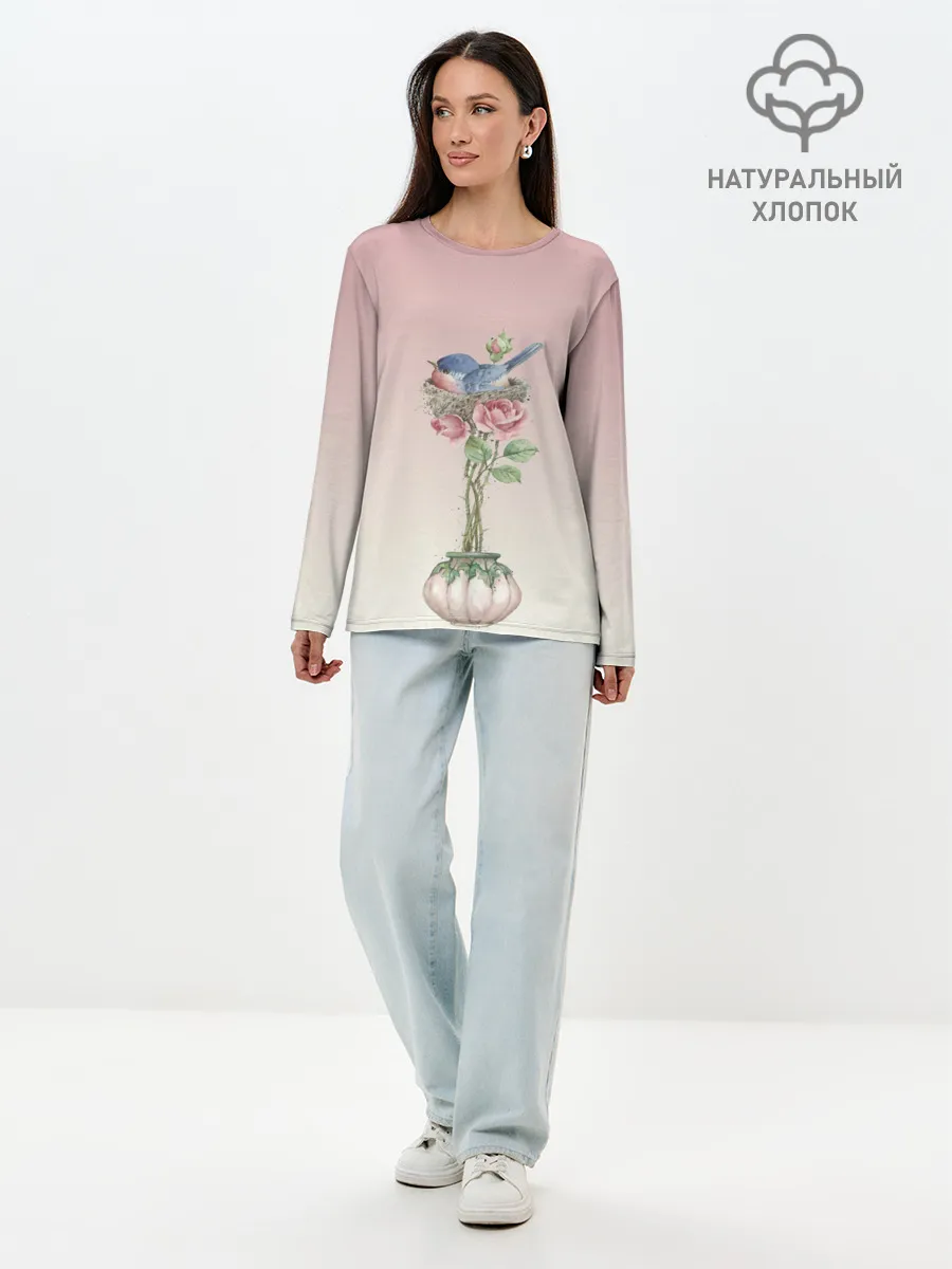 Лонгслив женский. Хлопок / Птичка в гнезде роза