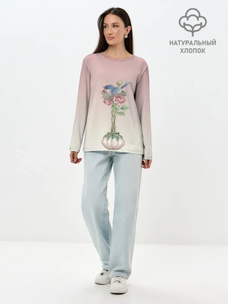 Лонгслив женский. Хлопок / Птичка в гнезде роза
