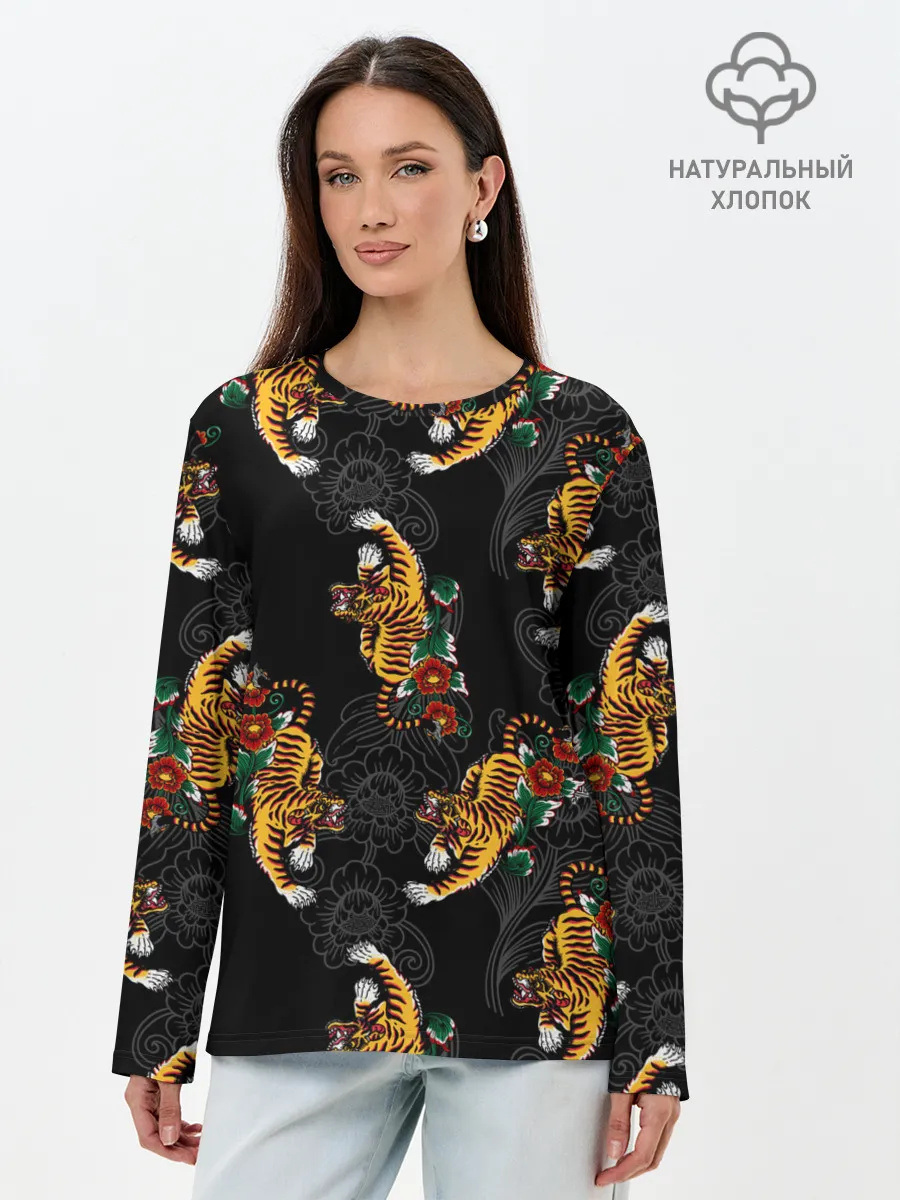 Лонгслив женский. Хлопок / Японский стиль - тигры