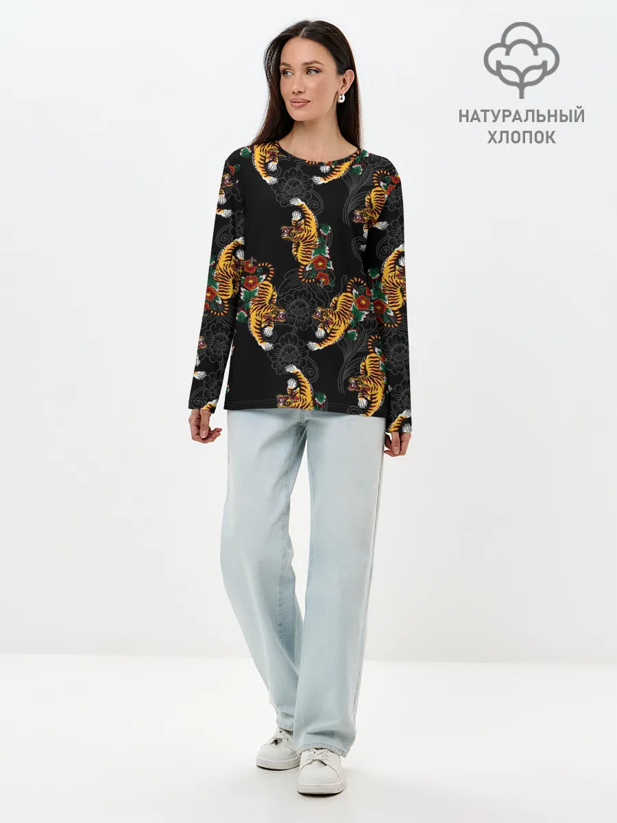 Лонгслив женский. Хлопок / Японский стиль - тигры