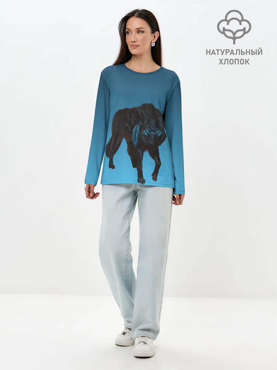 Лонгслив женский. Хлопок / черный дух волка
