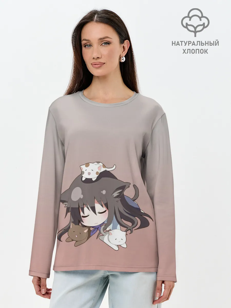 Лонгслив женский. Хлопок / малышка спит ушки котики