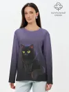 Лонгслив женский. Хлопок / черный кот на фиолетовом