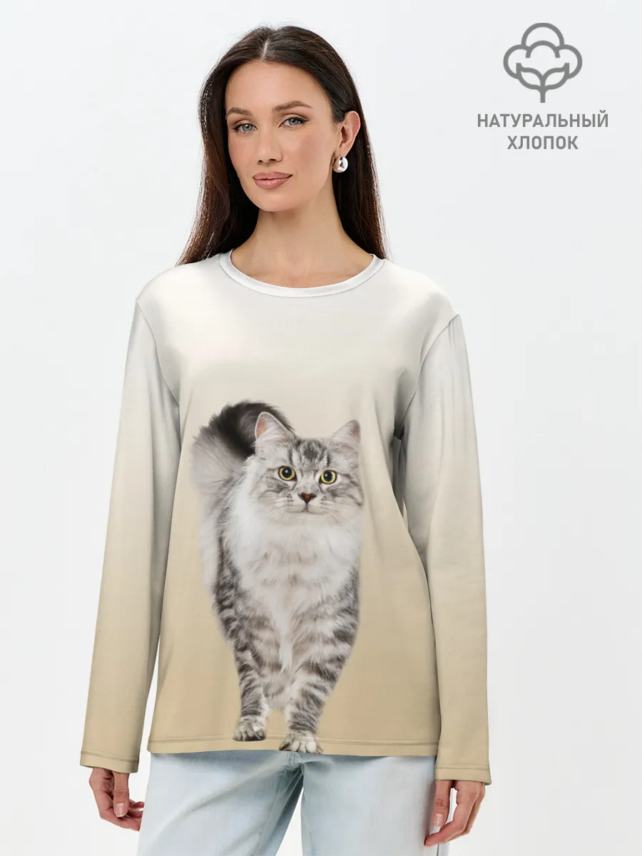 Лонгслив женский. Хлопок / Пушистый котик реалистичный
