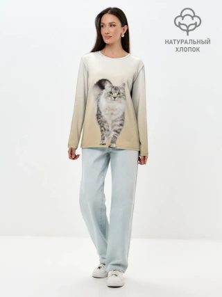 Лонгслив женский. Хлопок / Пушистый котик реалистичный