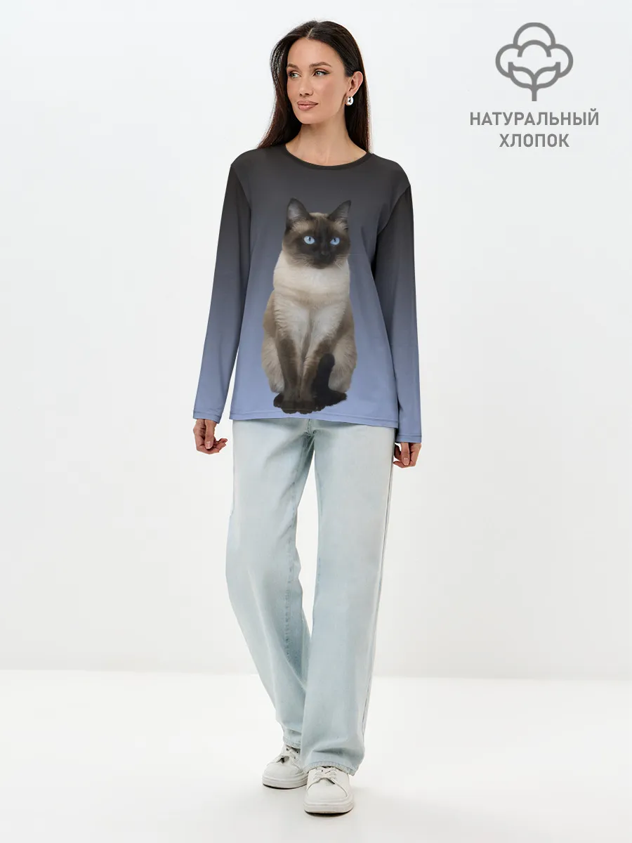 Лонгслив женский. Хлопок / сиамская милая кошечка