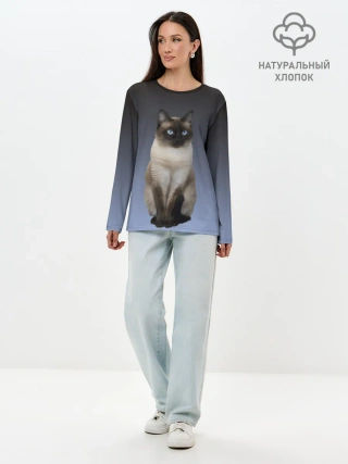 Лонгслив женский. Хлопок / сиамская милая кошечка