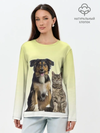 Лонгслив женский. Хлопок / кошка и собака друзья
