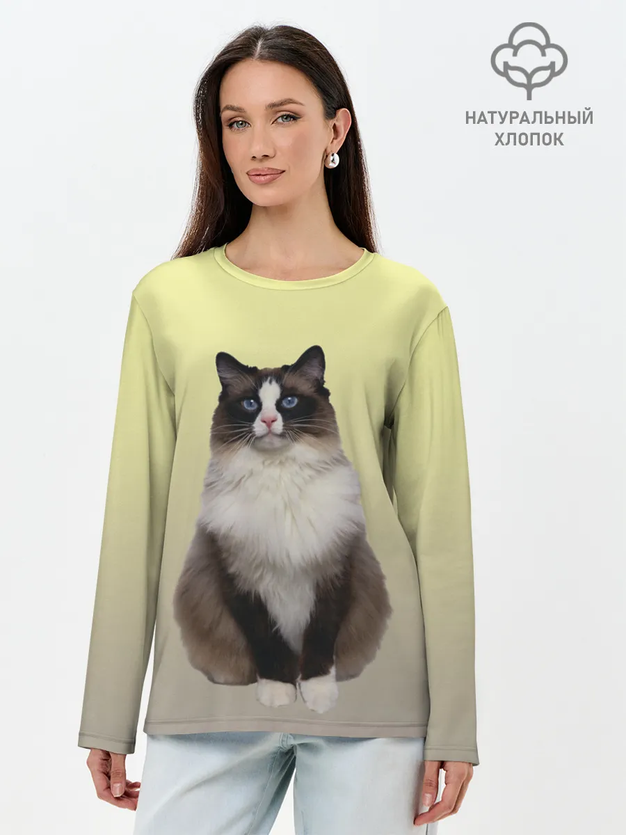 Лонгслив женский. Хлопок / персидская пушистая кошка