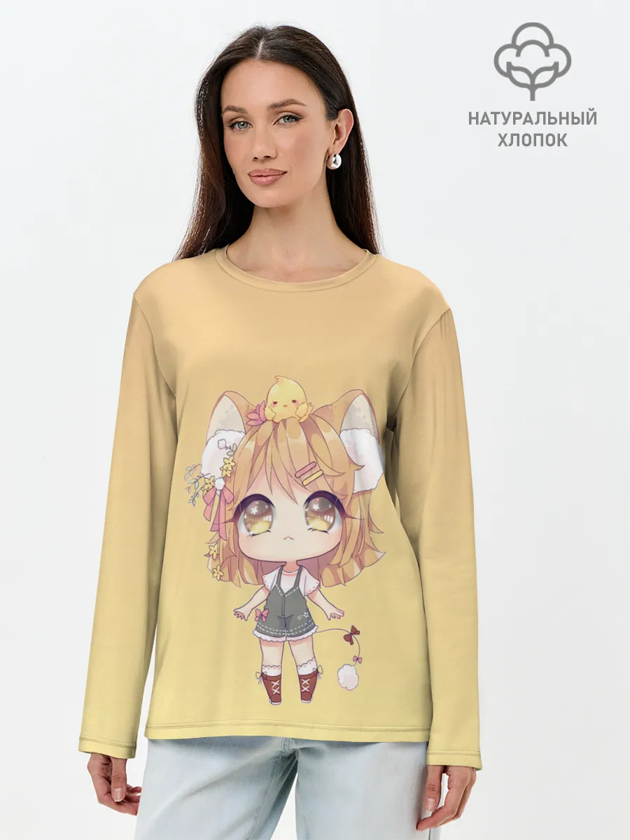 Лонгслив женский. Хлопок / малышка чиби и цыпленок