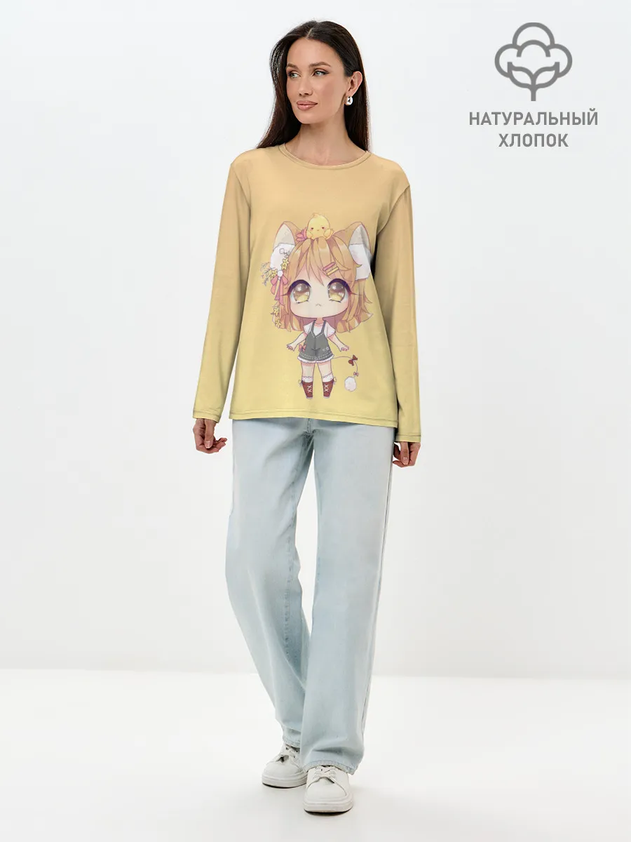 Лонгслив женский. Хлопок / малышка чиби и цыпленок