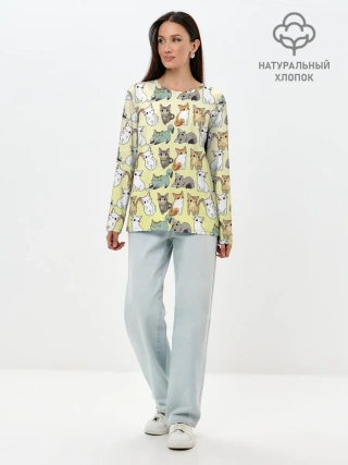 Лонгслив женский. Хлопок / мультяшные котики на желтом мя