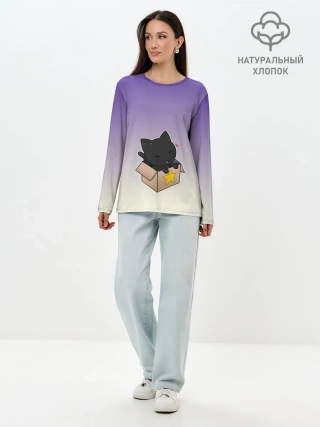 Лонгслив женский. Хлопок / черный котенок в коробке