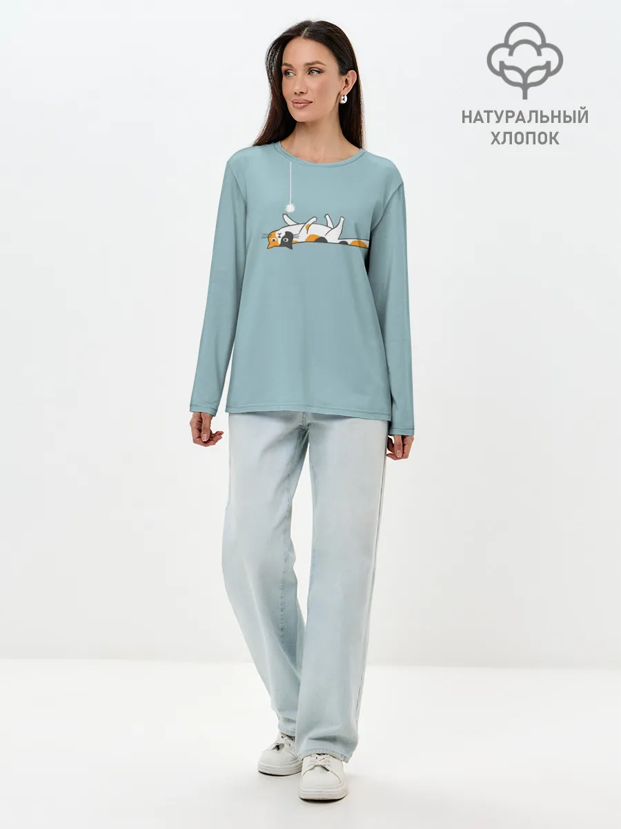 Лонгслив женский. Хлопок / Котик грустит