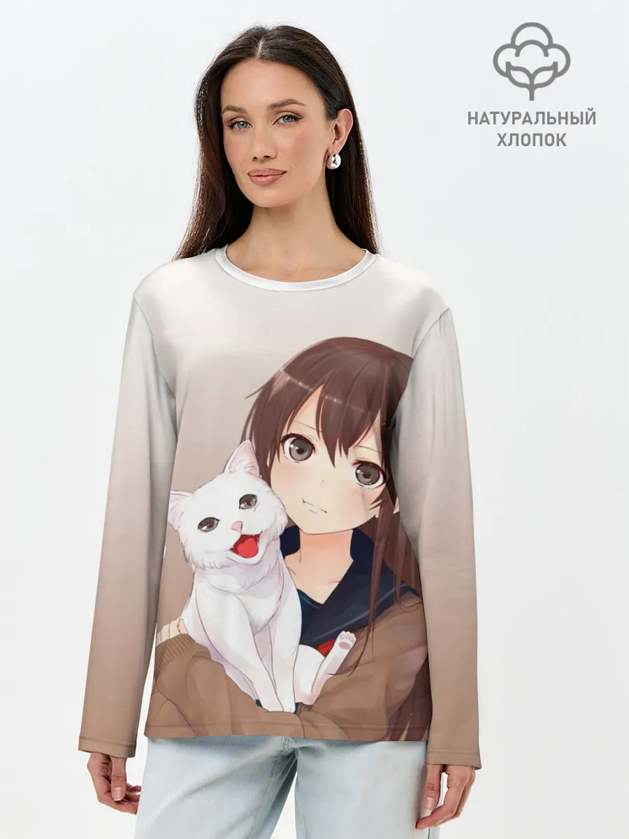 Лонгслив женский. Хлопок / Девочка и белый кот аниме