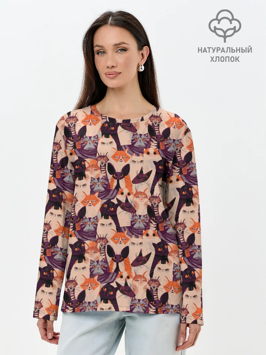 Лонгслив женский. Хлопок / Мемные Коты Паттерн