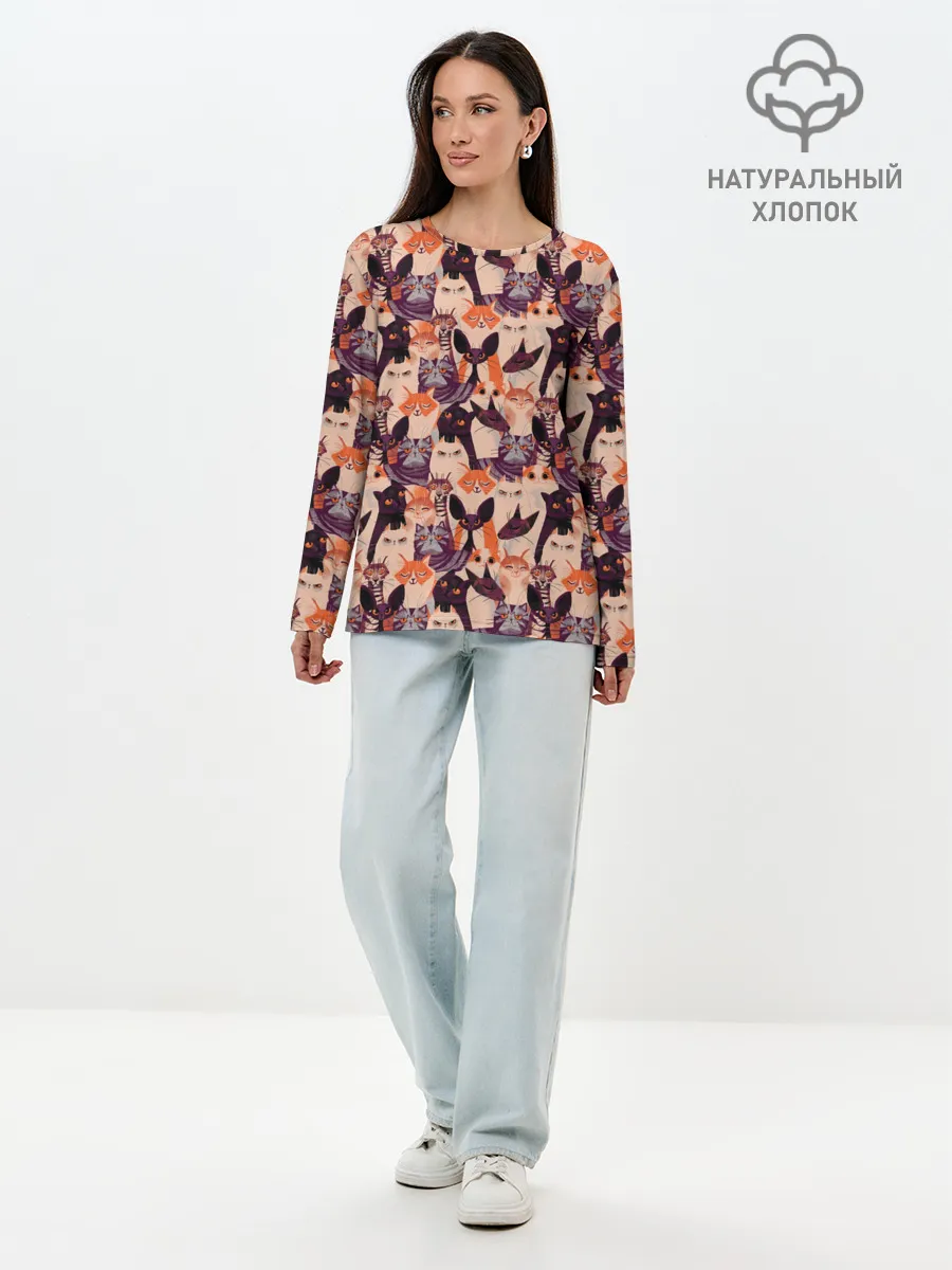 Лонгслив женский. Хлопок / Мемные Коты Паттерн