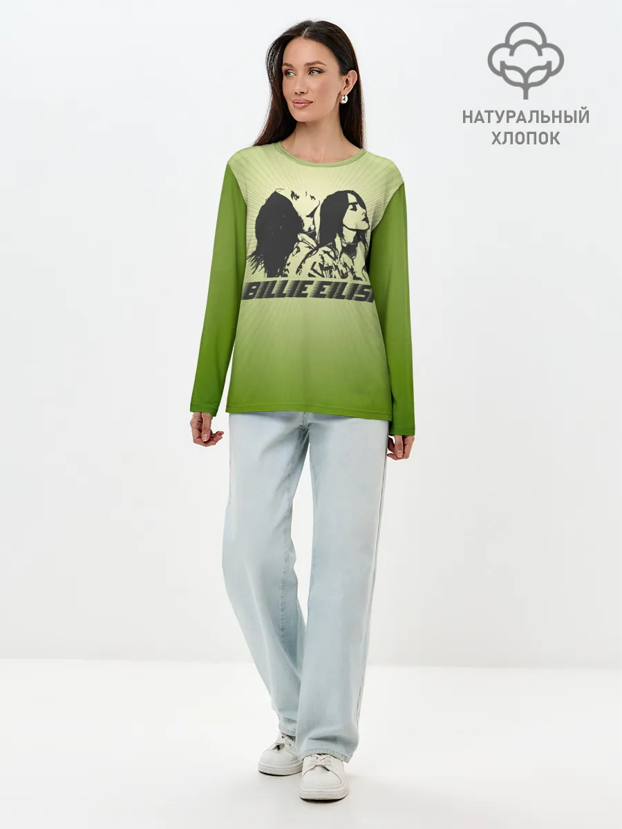 Лонгслив женский. Хлопок / Билли Айлиш на зеленом фоне
