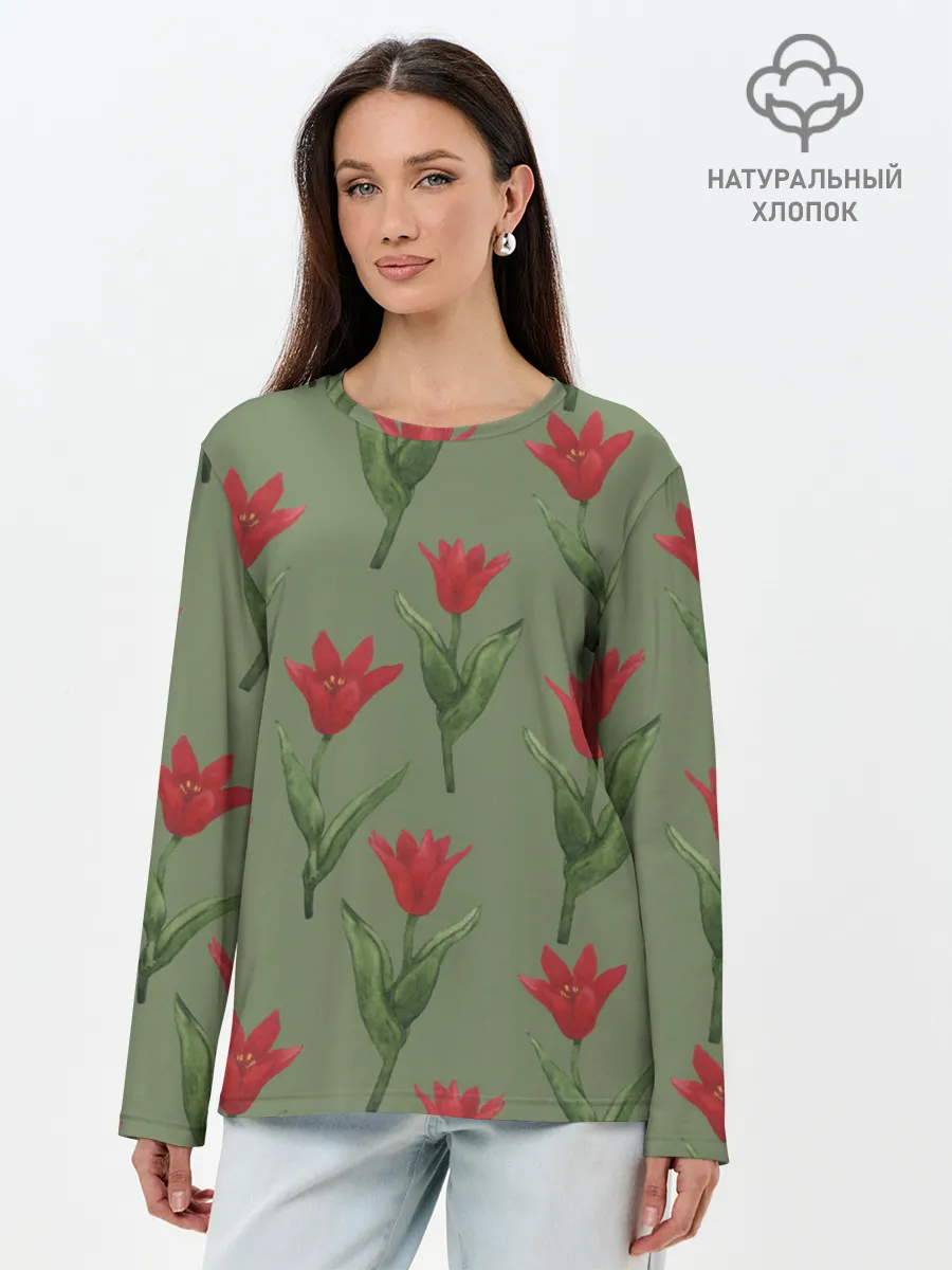 Лонгслив женский. Хлопок / Красные тюльпаны на зеленом