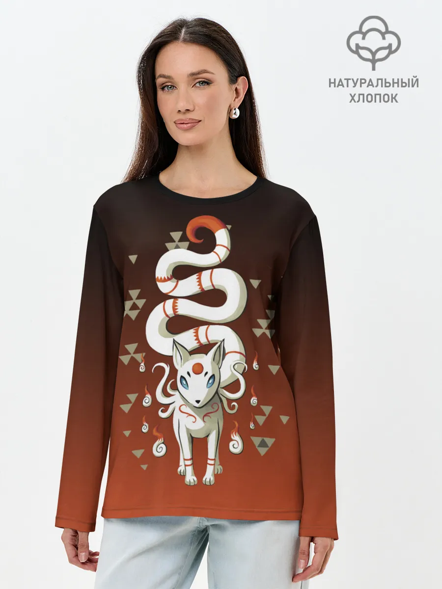 Лонгслив женский. Хлопок / Длиннохвостая лисица Инари