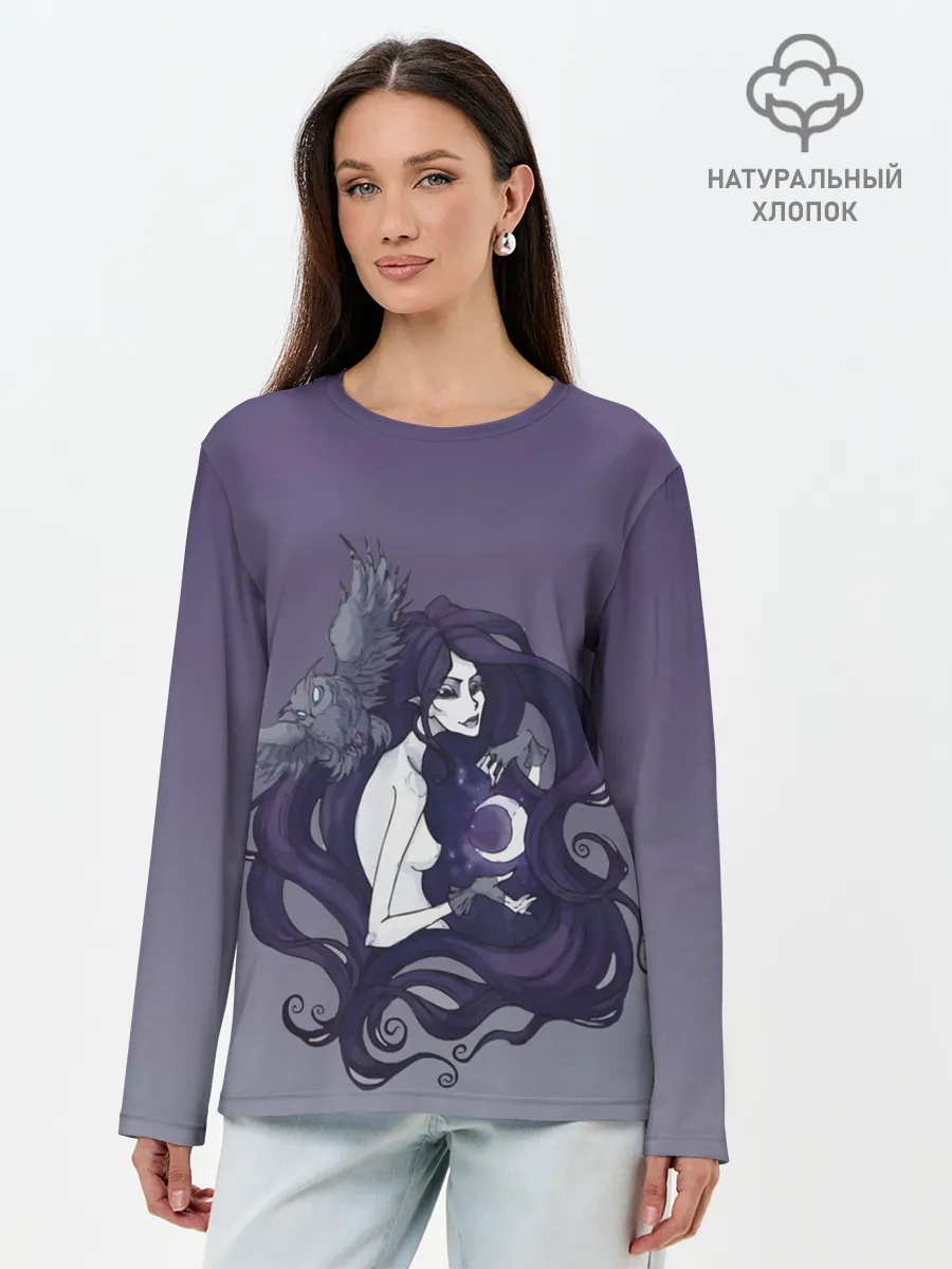 Лонгслив женский. Хлопок / ведьма сова луна