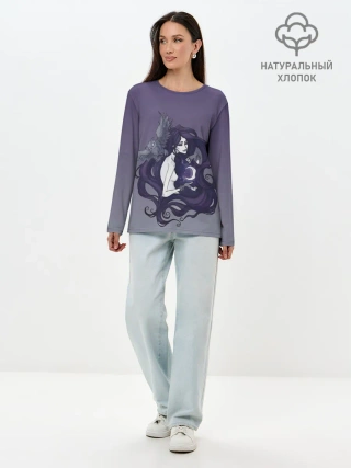 Лонгслив женский. Хлопок / ведьма сова луна