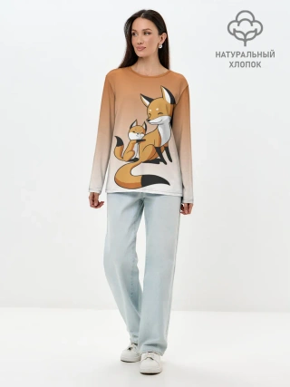 Лонгслив женский. Хлопок / лис и лисенок